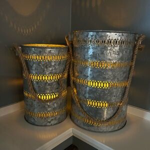 Metal Cylinder Decorative Candle Holder Lanterns Set of TWO 12 x 8 & 10 x 6 EUC